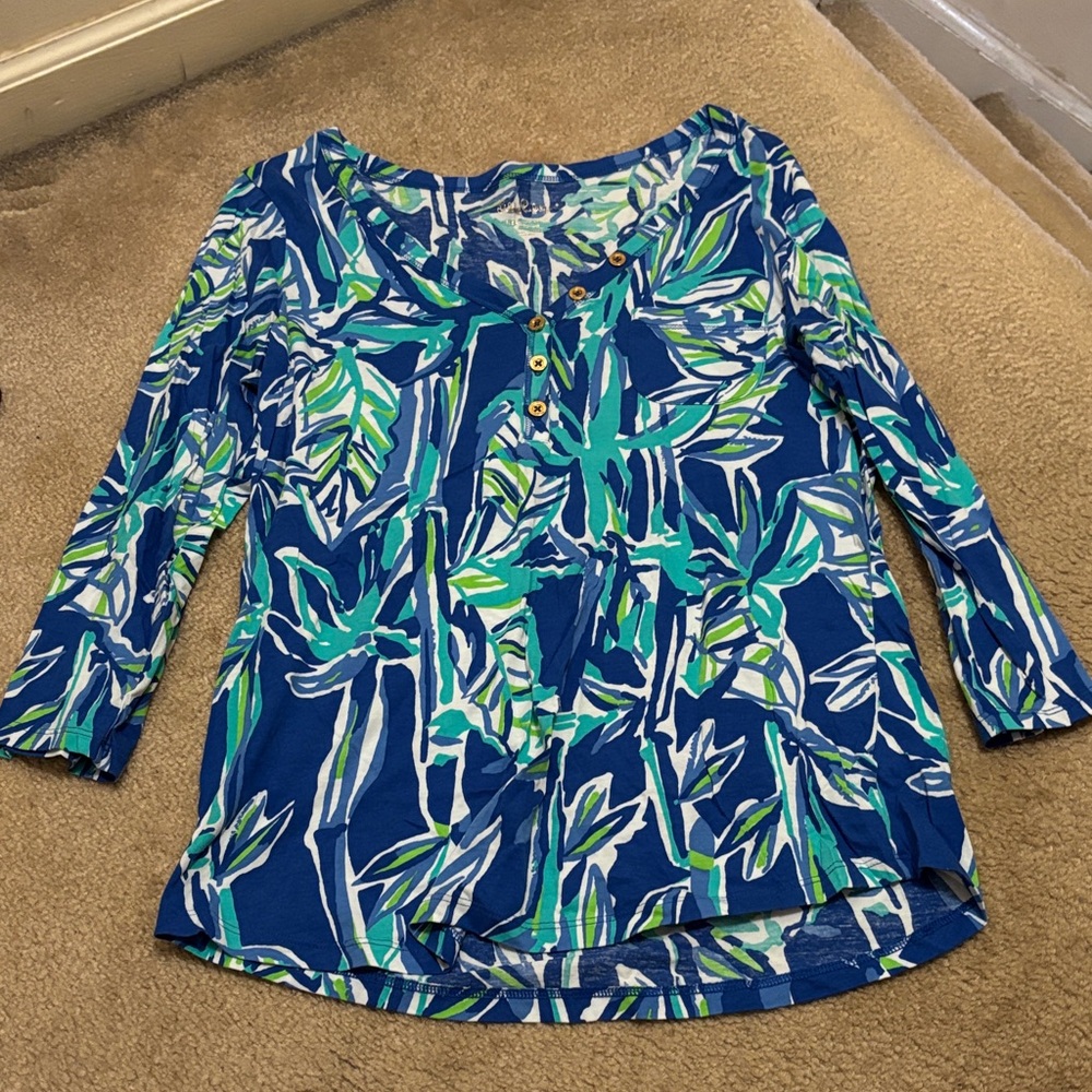 Lilly Pulitzer Blue Tropical Leaf Top